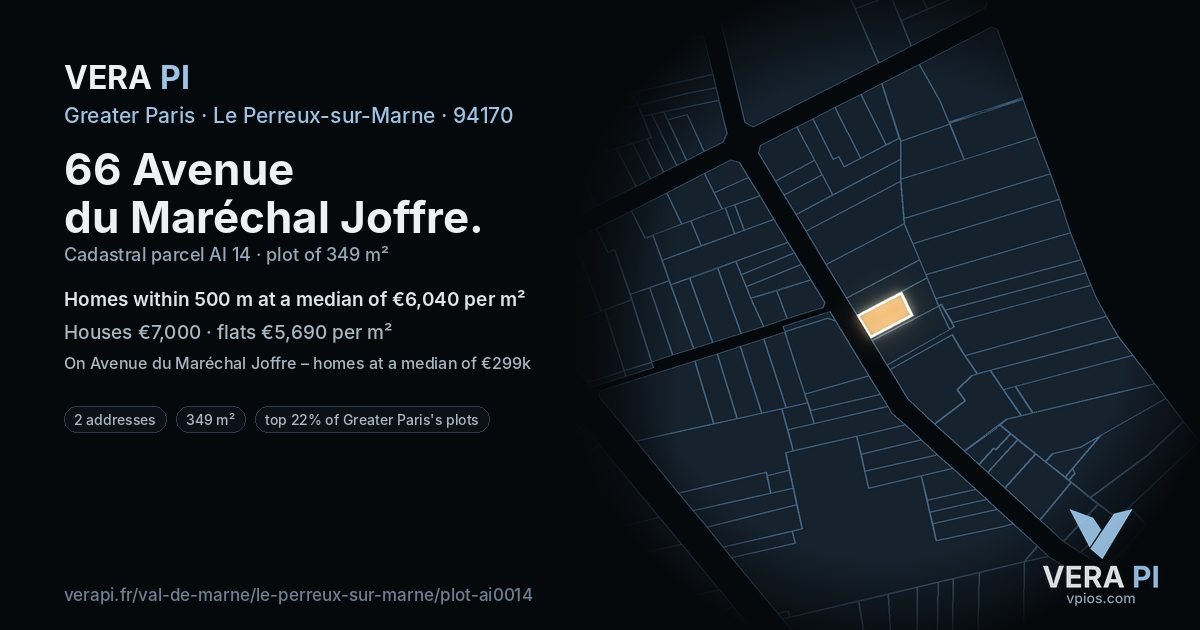 66 Avenue du Maréchal Joffre, Le Perreux-sur-Marne at night – the plot lit, the parcels around coloured by the prices near them