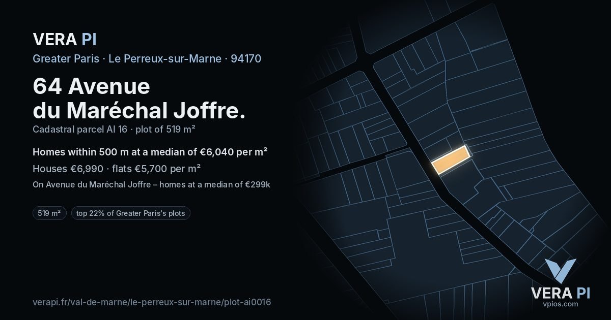 64 Avenue du Maréchal Joffre, Le Perreux-sur-Marne at night – the plot lit, the parcels around coloured by the prices near them