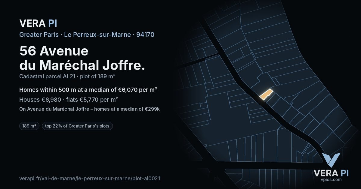 56 Avenue du Maréchal Joffre, Le Perreux-sur-Marne at night – the plot lit, the parcels around coloured by the prices near them