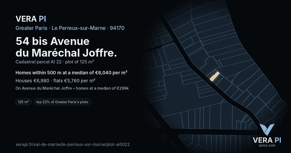 54 bis Avenue du Maréchal Joffre, Le Perreux-sur-Marne at night – the plot lit, the parcels around coloured by the prices near them