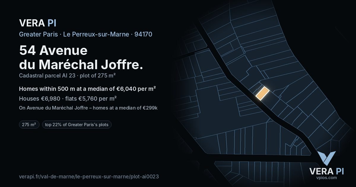 54 Avenue du Maréchal Joffre, Le Perreux-sur-Marne at night – the plot lit, the parcels around coloured by the prices near them