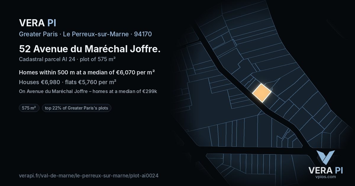 52 Avenue du Maréchal Joffre, Le Perreux-sur-Marne at night – the plot lit, the parcels around coloured by the prices near them
