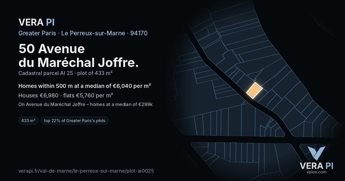 50 Avenue du Maréchal Joffre, Le Perreux-sur-Marne at night – the plot lit, the parcels around coloured by the prices near them