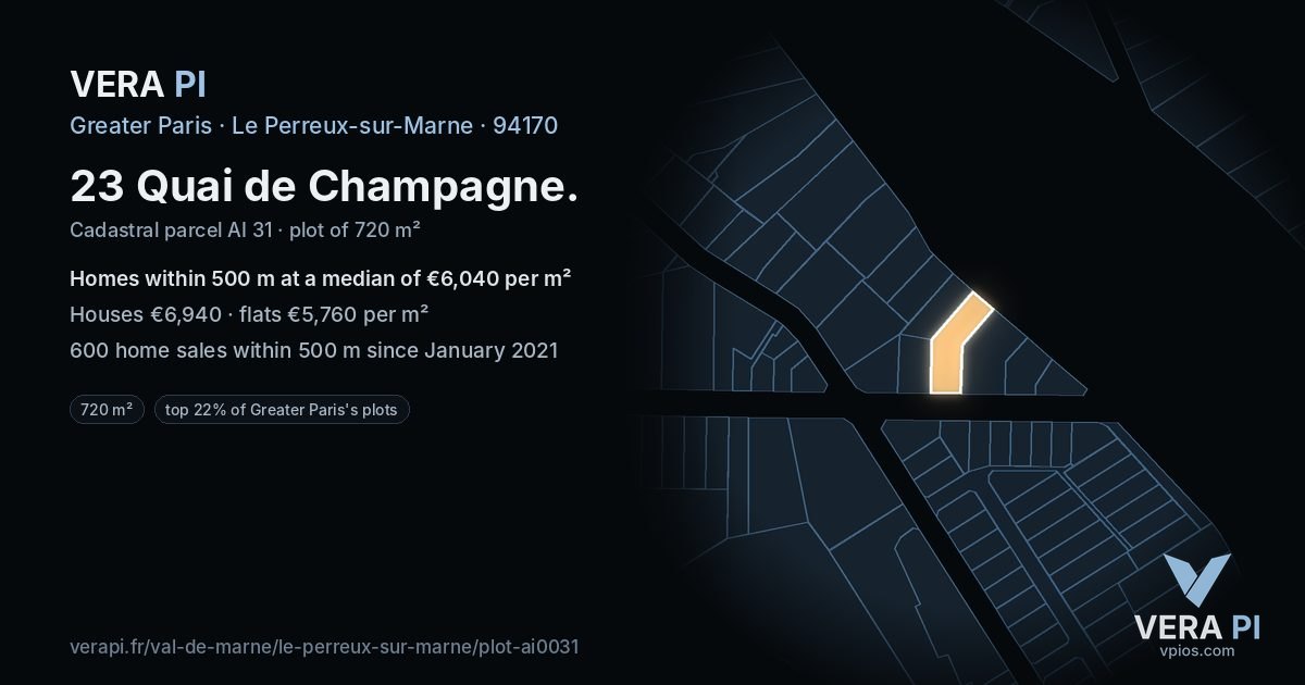 23 Quai de Champagne, Le Perreux-sur-Marne at night – the plot lit, the parcels around coloured by the prices near them