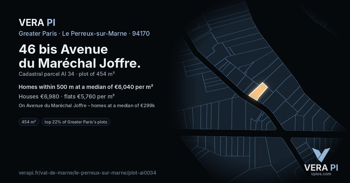 46 bis Avenue du Maréchal Joffre, Le Perreux-sur-Marne at night – the plot lit, the parcels around coloured by the prices near them