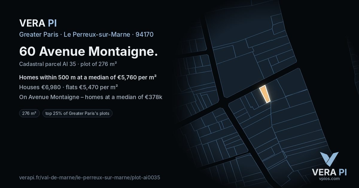 60 Avenue Montaigne, Le Perreux-sur-Marne at night – the plot lit, the parcels around coloured by the prices near them