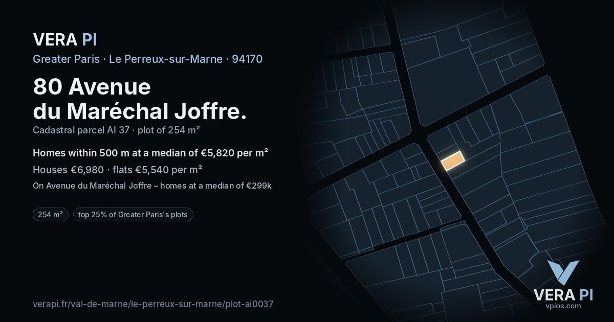 80 Avenue du Maréchal Joffre, Le Perreux-sur-Marne at night – the plot lit, the parcels around coloured by the prices near them