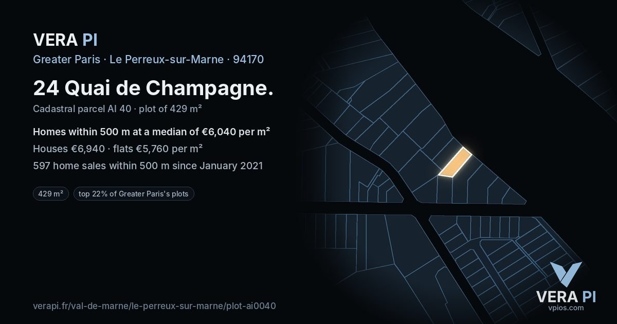 24 Quai de Champagne, Le Perreux-sur-Marne at night – the plot lit, the parcels around coloured by the prices near them