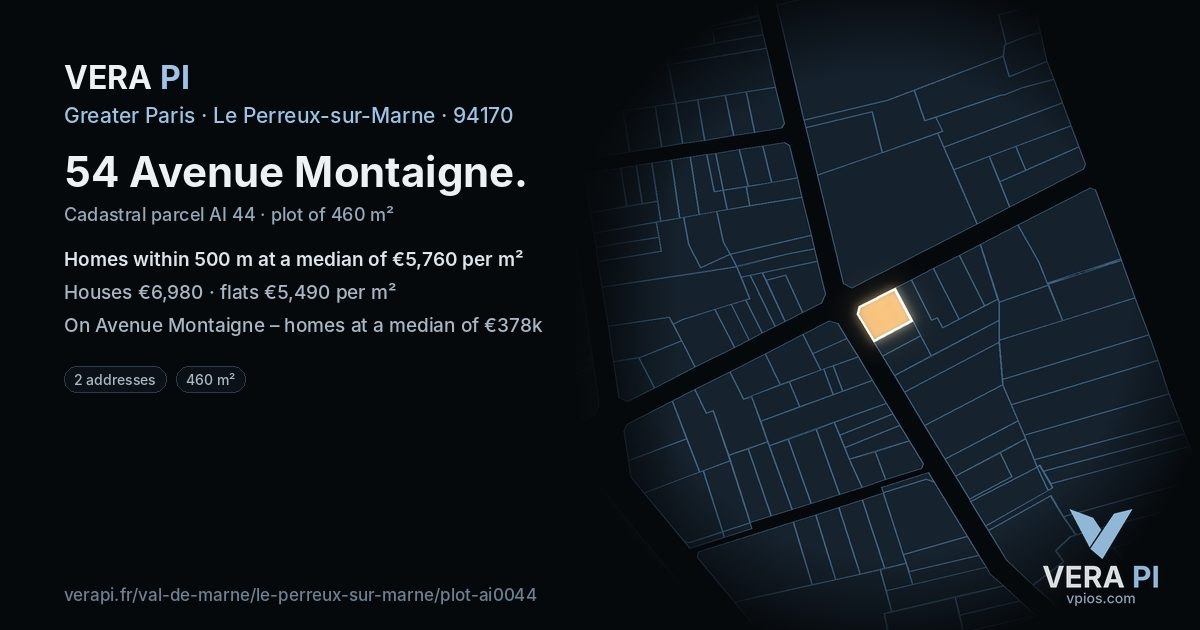 54 Avenue Montaigne, Le Perreux-sur-Marne at night – the plot lit, the parcels around coloured by the prices near them