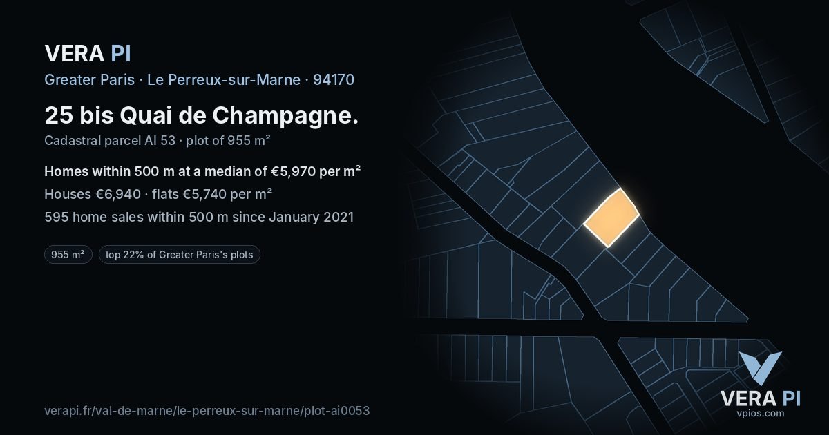 25 bis Quai de Champagne, Le Perreux-sur-Marne at night – the plot lit, the parcels around coloured by the prices near them