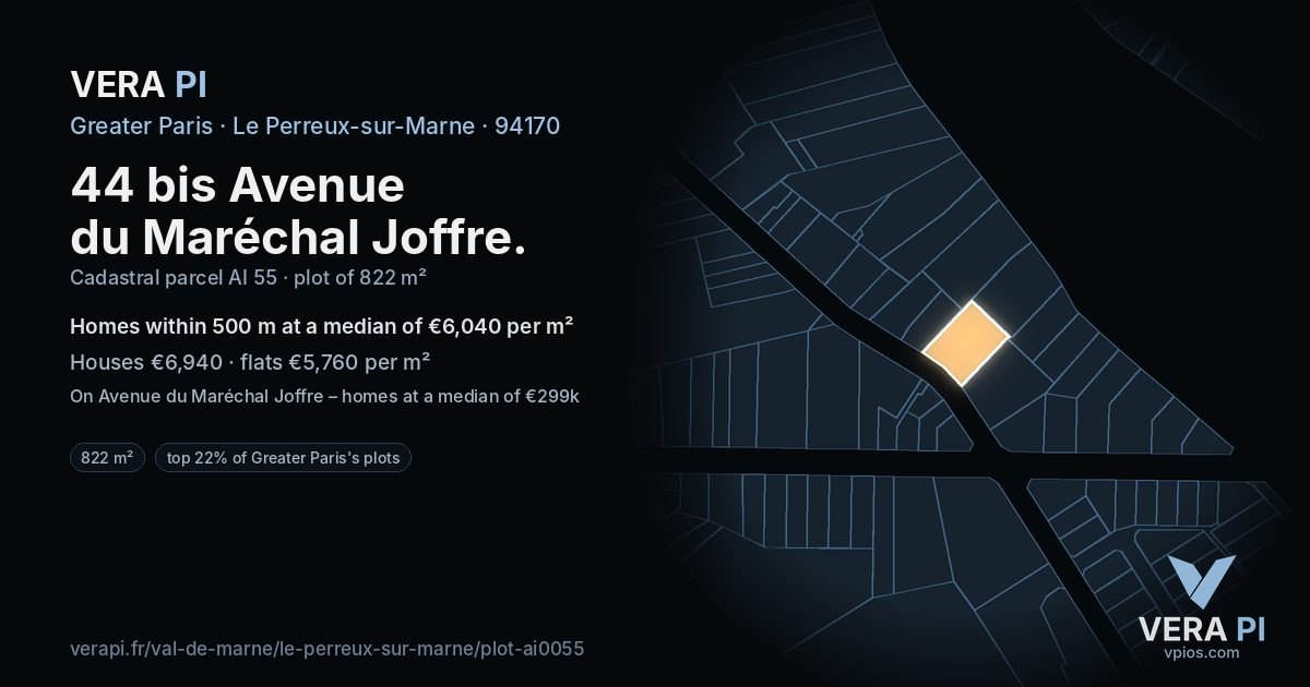44 bis Avenue du Maréchal Joffre, Le Perreux-sur-Marne at night – the plot lit, the parcels around coloured by the prices near them