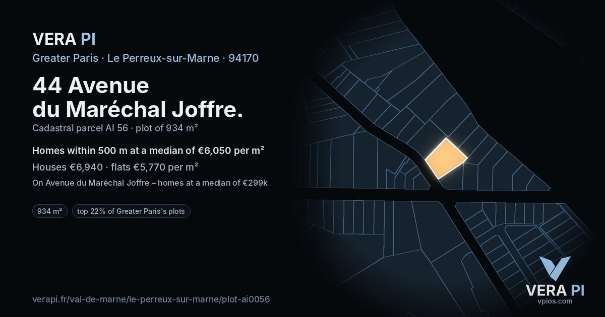 44 Avenue du Maréchal Joffre, Le Perreux-sur-Marne at night – the plot lit, the parcels around coloured by the prices near them