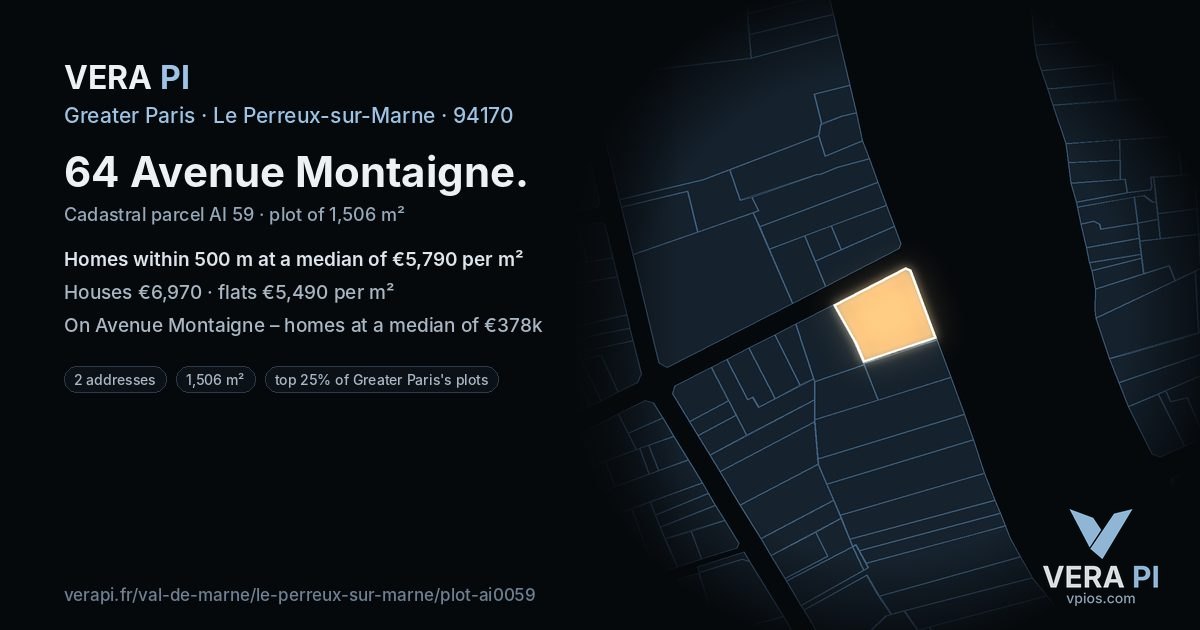 64 Avenue Montaigne, Le Perreux-sur-Marne at night – the plot lit, the parcels around coloured by the prices near them