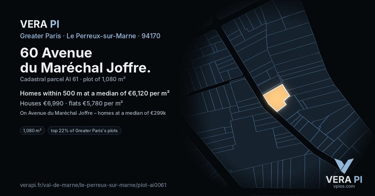 60 Avenue du Maréchal Joffre, Le Perreux-sur-Marne at night – the plot lit, the parcels around coloured by the prices near them