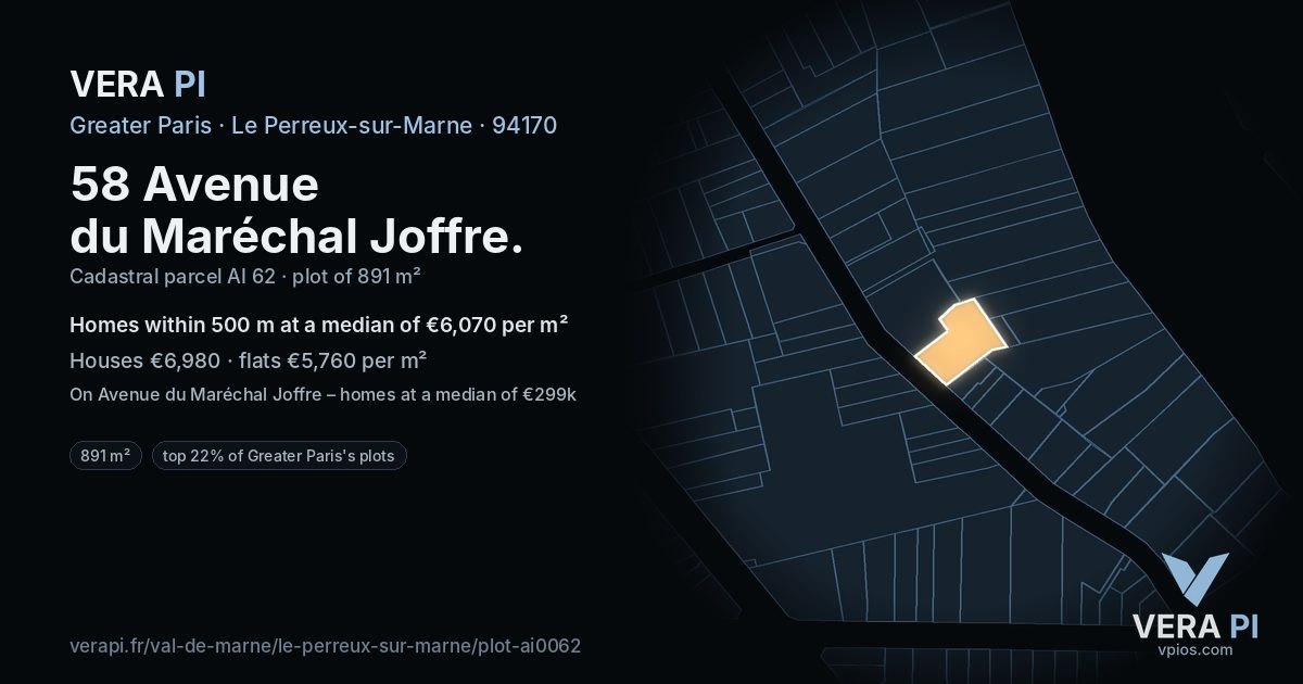 58 Avenue du Maréchal Joffre, Le Perreux-sur-Marne at night – the plot lit, the parcels around coloured by the prices near them