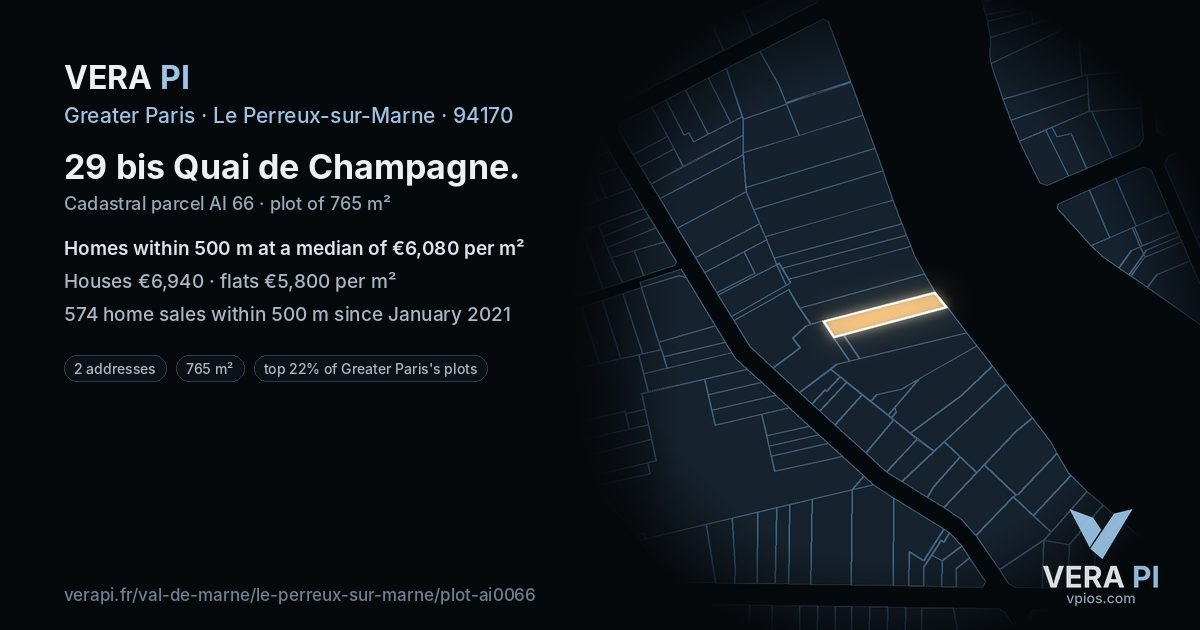 29 bis Quai de Champagne, Le Perreux-sur-Marne at night – the plot lit, the parcels around coloured by the prices near them