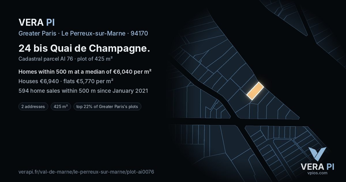 24 bis Quai de Champagne, Le Perreux-sur-Marne at night – the plot lit, the parcels around coloured by the prices near them