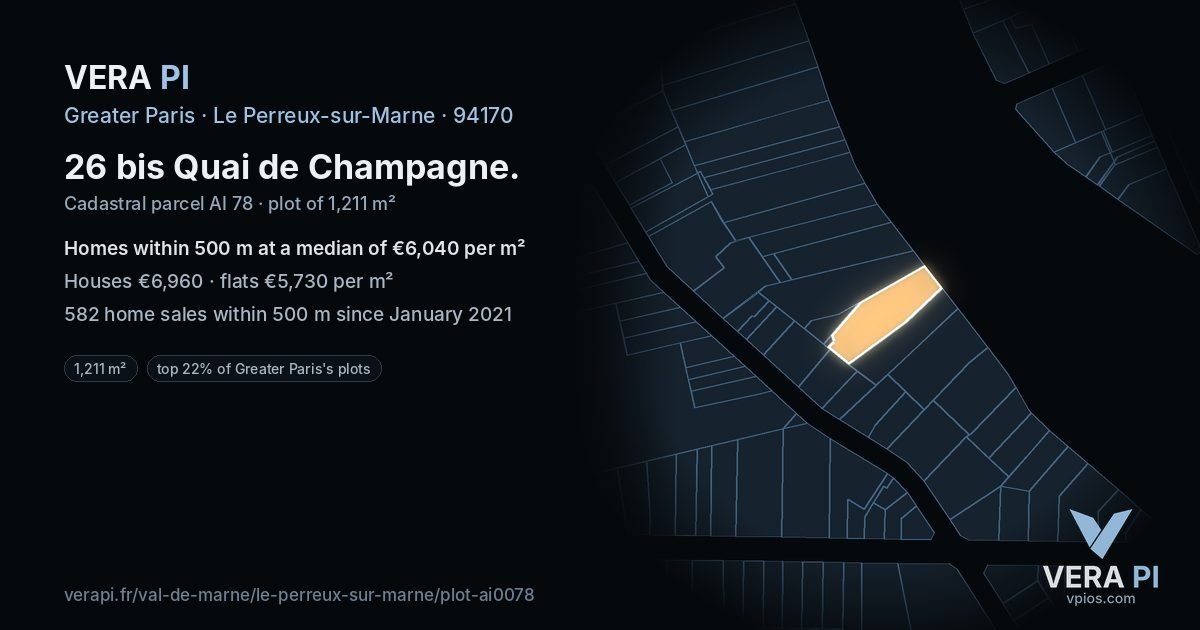 26 bis Quai de Champagne, Le Perreux-sur-Marne at night – the plot lit, the parcels around coloured by the prices near them