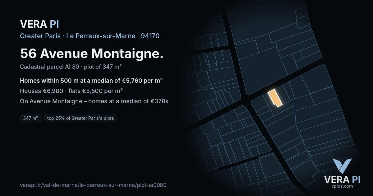 56 Avenue Montaigne, Le Perreux-sur-Marne at night – the plot lit, the parcels around coloured by the prices near them