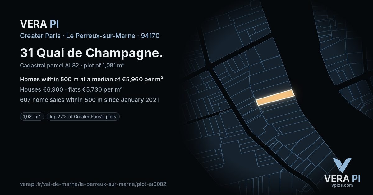 31 Quai de Champagne, Le Perreux-sur-Marne at night – the plot lit, the parcels around coloured by the prices near them