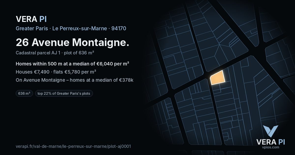 26 Avenue Montaigne, Le Perreux-sur-Marne at night – the plot lit, the parcels around coloured by the prices near them