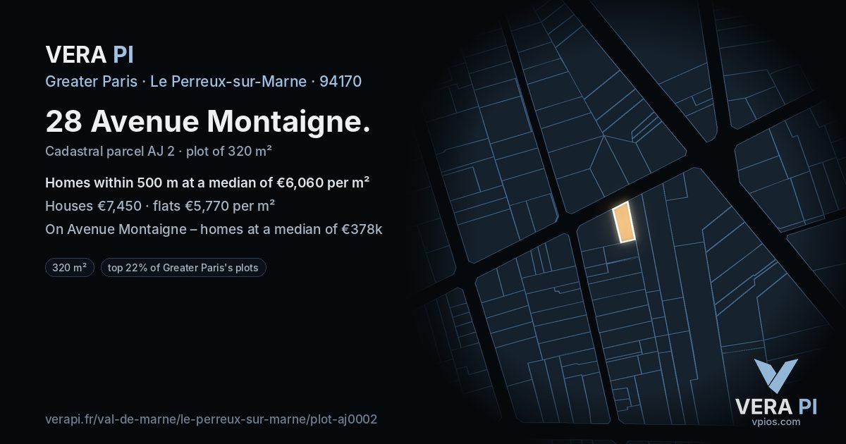 28 Avenue Montaigne, Le Perreux-sur-Marne at night – the plot lit, the parcels around coloured by the prices near them