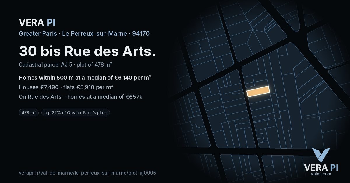 30 bis Rue des Arts, Le Perreux-sur-Marne at night – the plot lit, the parcels around coloured by the prices near them