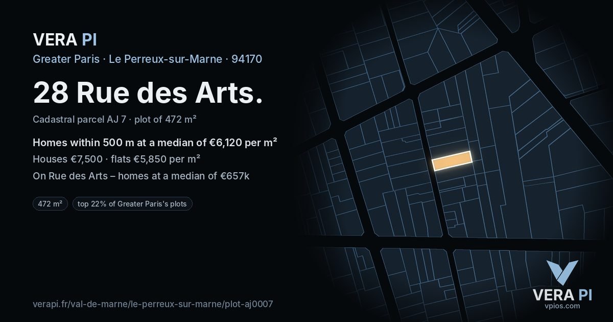 28 Rue des Arts, Le Perreux-sur-Marne at night – the plot lit, the parcels around coloured by the prices near them