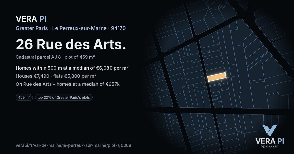 26 Rue des Arts, Le Perreux-sur-Marne at night – the plot lit, the parcels around coloured by the prices near them