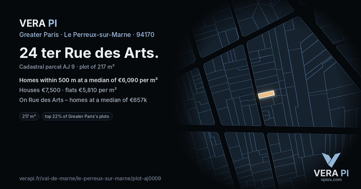 24 ter Rue des Arts, Le Perreux-sur-Marne at night – the plot lit, the parcels around coloured by the prices near them