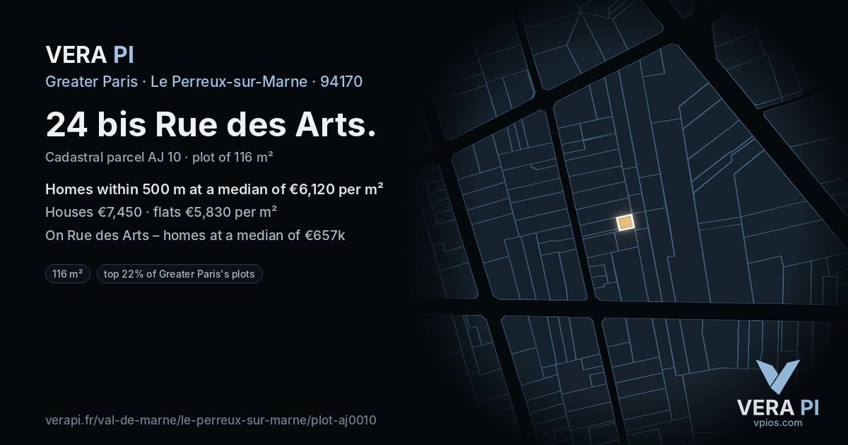 24 bis Rue des Arts, Le Perreux-sur-Marne at night – the plot lit, the parcels around coloured by the prices near them