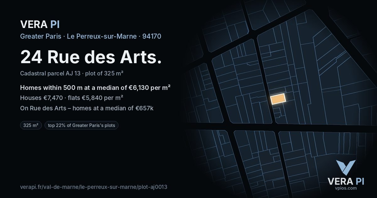 24 Rue des Arts, Le Perreux-sur-Marne at night – the plot lit, the parcels around coloured by the prices near them