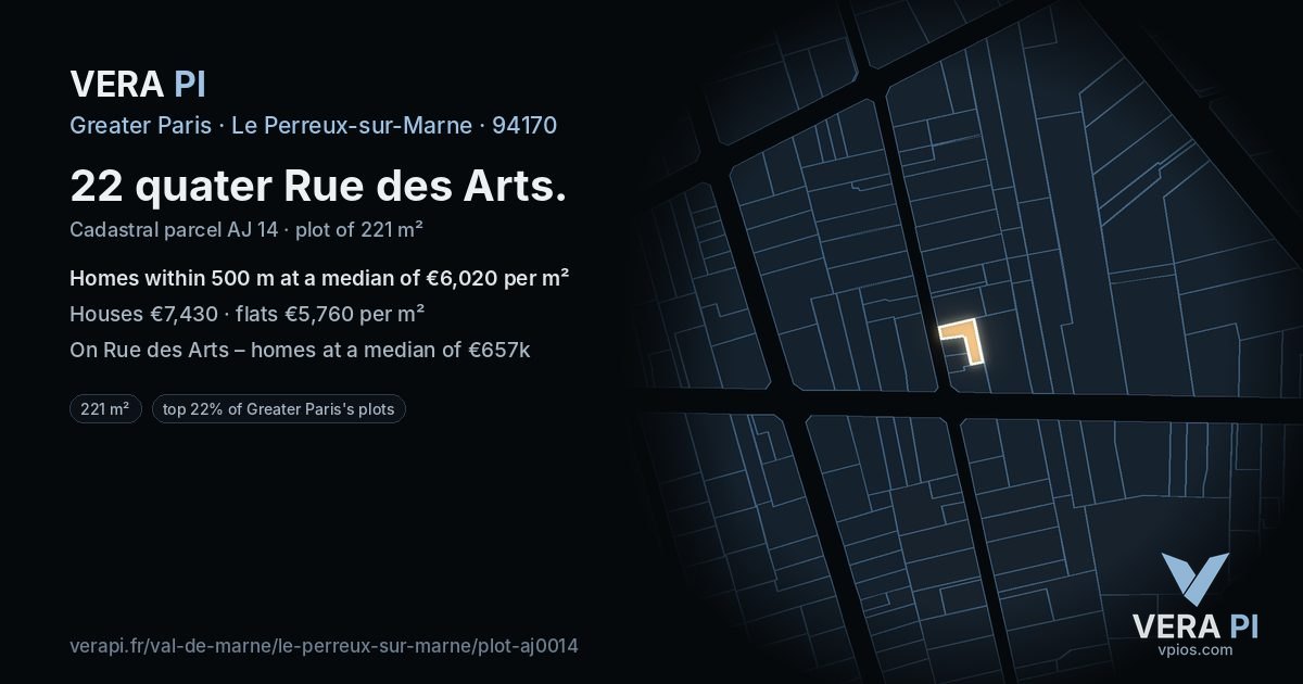 22 quater Rue des Arts, Le Perreux-sur-Marne at night – the plot lit, the parcels around coloured by the prices near them