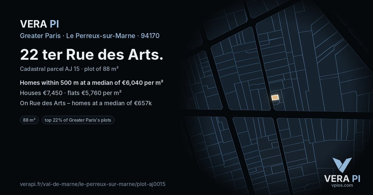 22 ter Rue des Arts, Le Perreux-sur-Marne at night – the plot lit, the parcels around coloured by the prices near them