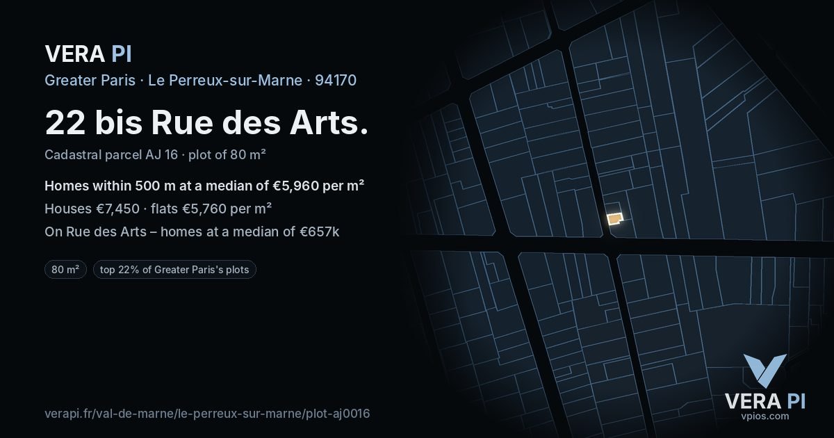 22 bis Rue des Arts, Le Perreux-sur-Marne at night – the plot lit, the parcels around coloured by the prices near them