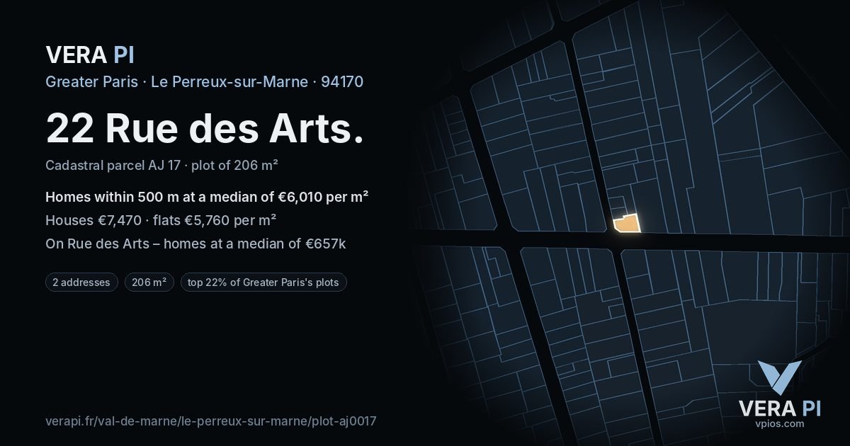 22 Rue des Arts, Le Perreux-sur-Marne at night – the plot lit, the parcels around coloured by the prices near them