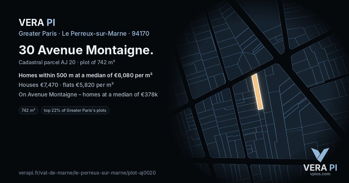30 Avenue Montaigne, Le Perreux-sur-Marne at night – the plot lit, the parcels around coloured by the prices near them