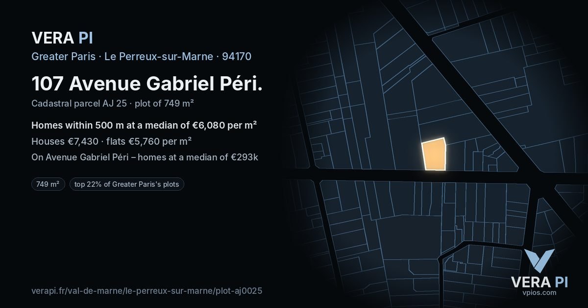 107 Avenue Gabriel Péri, Le Perreux-sur-Marne at night – the plot lit, the parcels around coloured by the prices near them