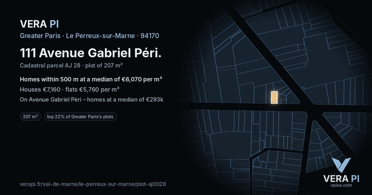 111 Avenue Gabriel Péri, Le Perreux-sur-Marne at night – the plot lit, the parcels around coloured by the prices near them