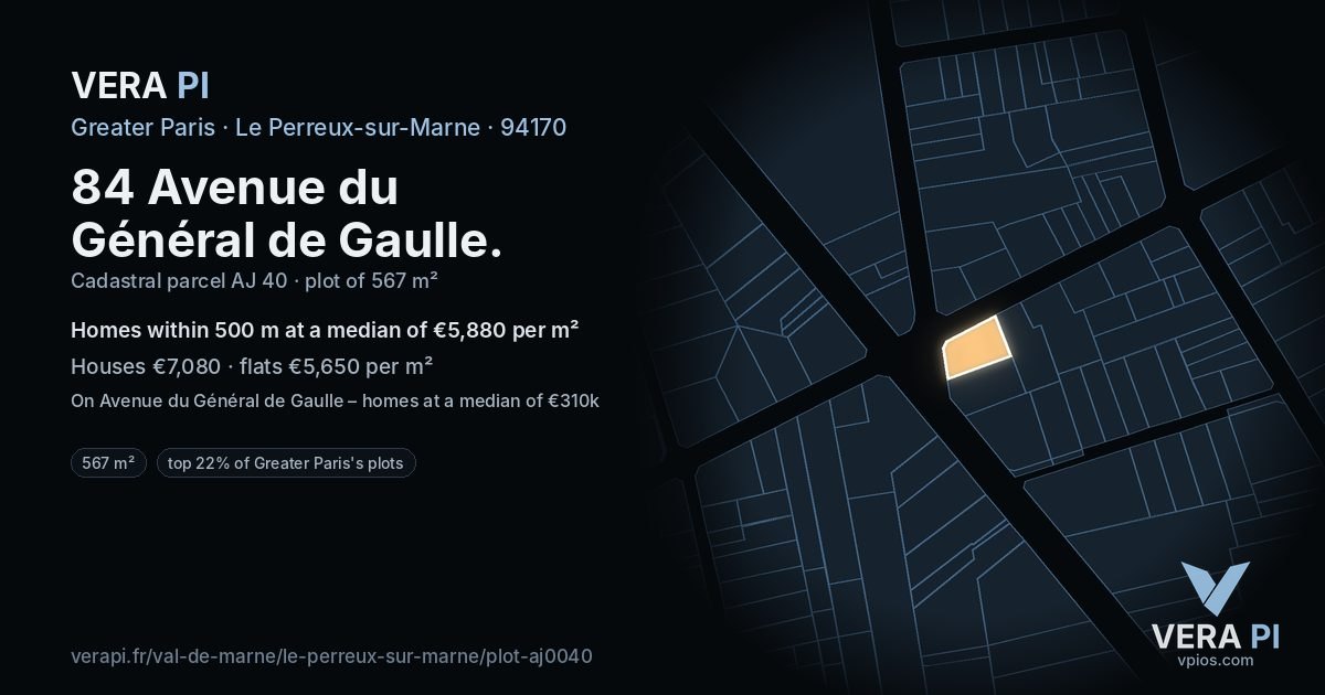 84 Avenue du Général de Gaulle, Le Perreux-sur-Marne at night – the plot lit, the parcels around coloured by the prices near them