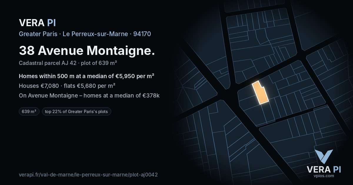 38 Avenue Montaigne, Le Perreux-sur-Marne at night – the plot lit, the parcels around coloured by the prices near them