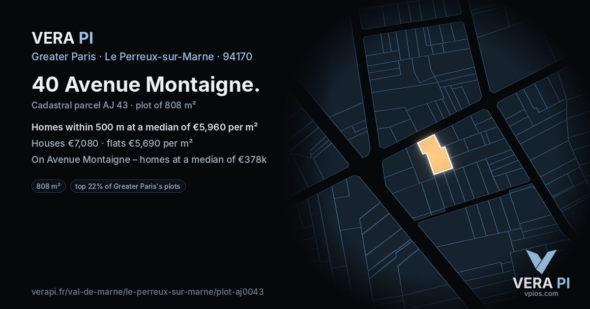 40 Avenue Montaigne, Le Perreux-sur-Marne at night – the plot lit, the parcels around coloured by the prices near them