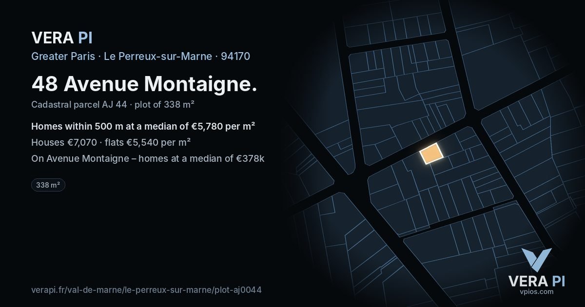 48 Avenue Montaigne, Le Perreux-sur-Marne at night – the plot lit, the parcels around coloured by the prices near them