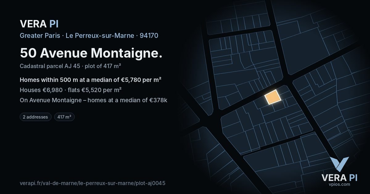 50 Avenue Montaigne, Le Perreux-sur-Marne at night – the plot lit, the parcels around coloured by the prices near them