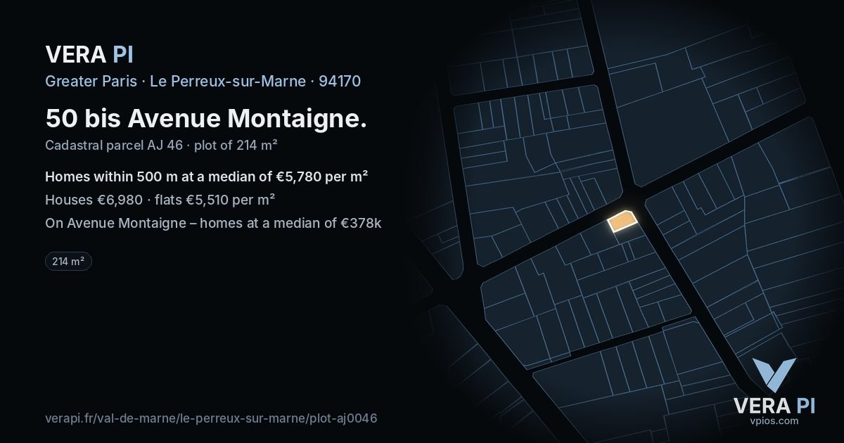 50 bis Avenue Montaigne, Le Perreux-sur-Marne at night – the plot lit, the parcels around coloured by the prices near them