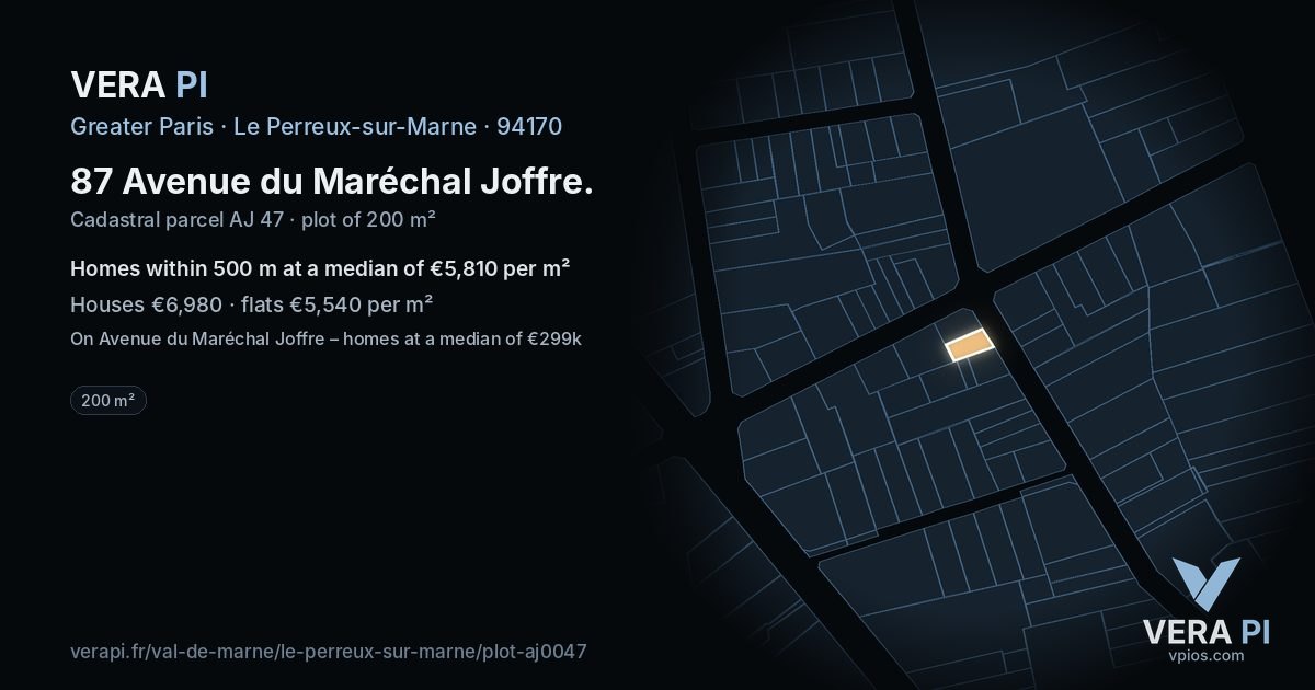 87 Avenue du Maréchal Joffre, Le Perreux-sur-Marne at night – the plot lit, the parcels around coloured by the prices near them