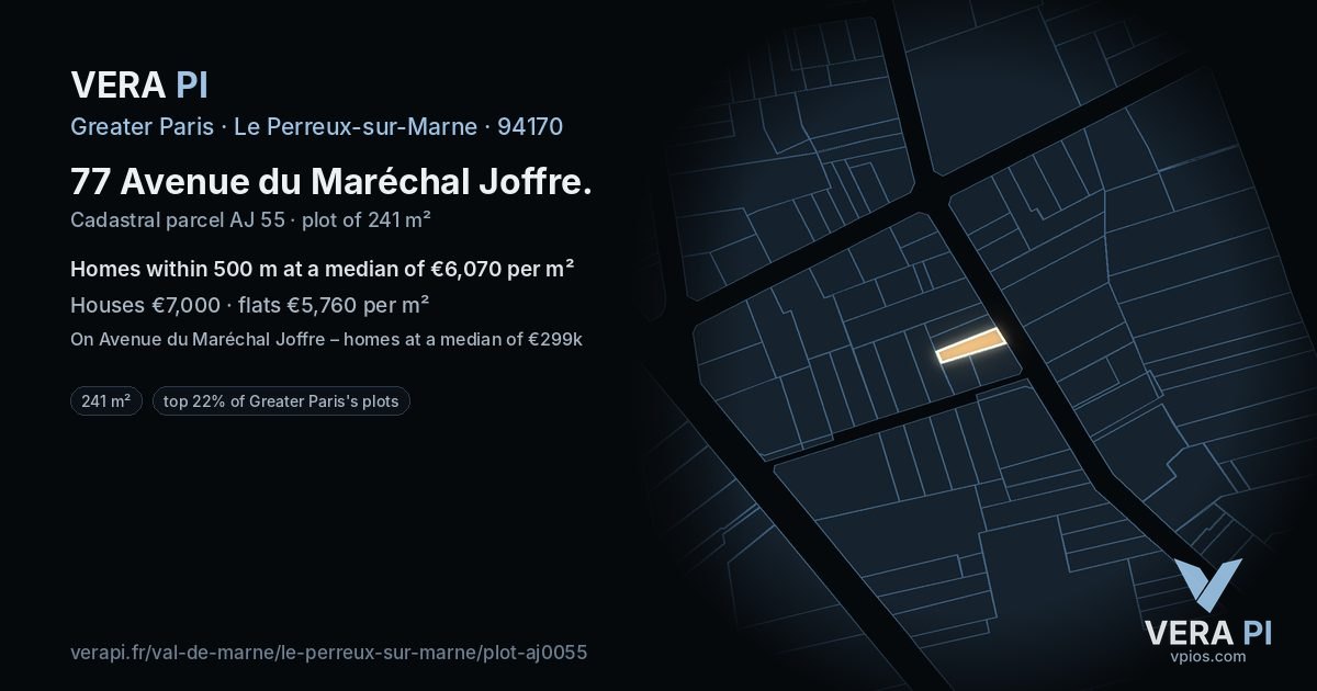 77 Avenue du Maréchal Joffre, Le Perreux-sur-Marne at night – the plot lit, the parcels around coloured by the prices near them