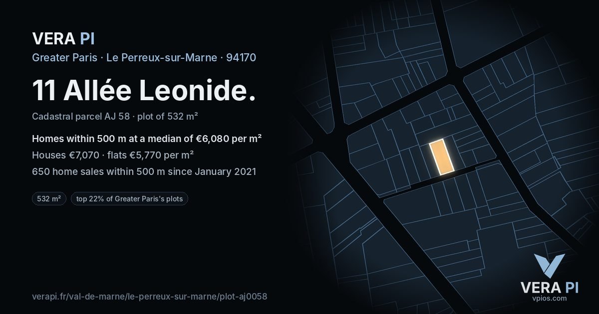 11 Allée Leonide, Le Perreux-sur-Marne at night – the plot lit, the parcels around coloured by the prices near them
