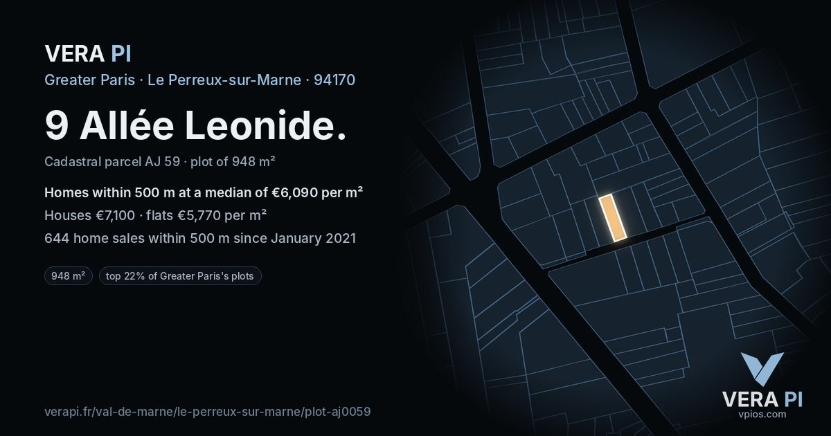 9 Allée Leonide, Le Perreux-sur-Marne at night – the plot lit, the parcels around coloured by the prices near them