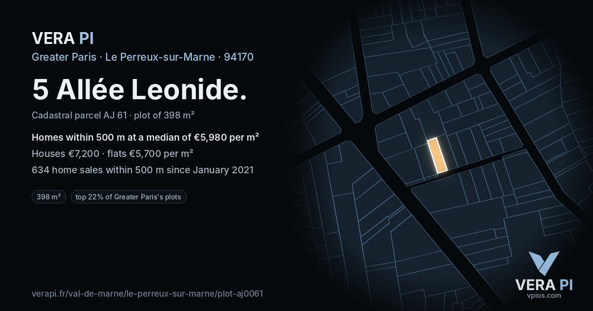 5 Allée Leonide, Le Perreux-sur-Marne at night – the plot lit, the parcels around coloured by the prices near them